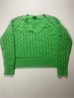 Talbots Bright Green Cable-Knit V-Neck Sweater Size MP 100% cotton